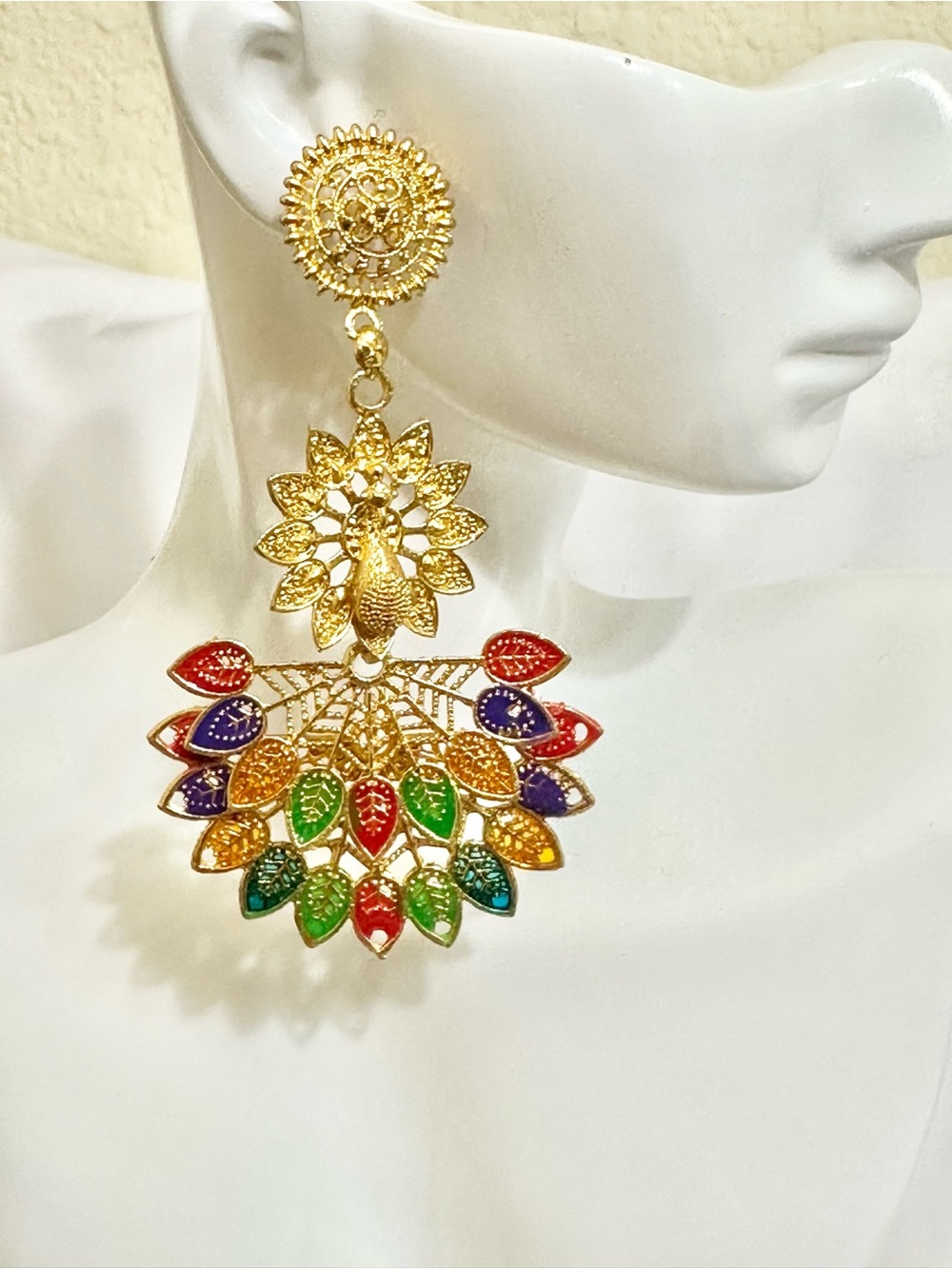 Gold Multicolor Peacock Drop Earrings - Indian Inspired